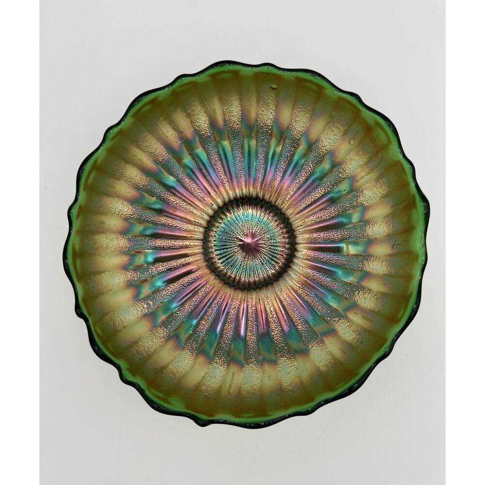 Fenton Stippled Rays Green Carnival Glass Bowl SO PRETTY!!